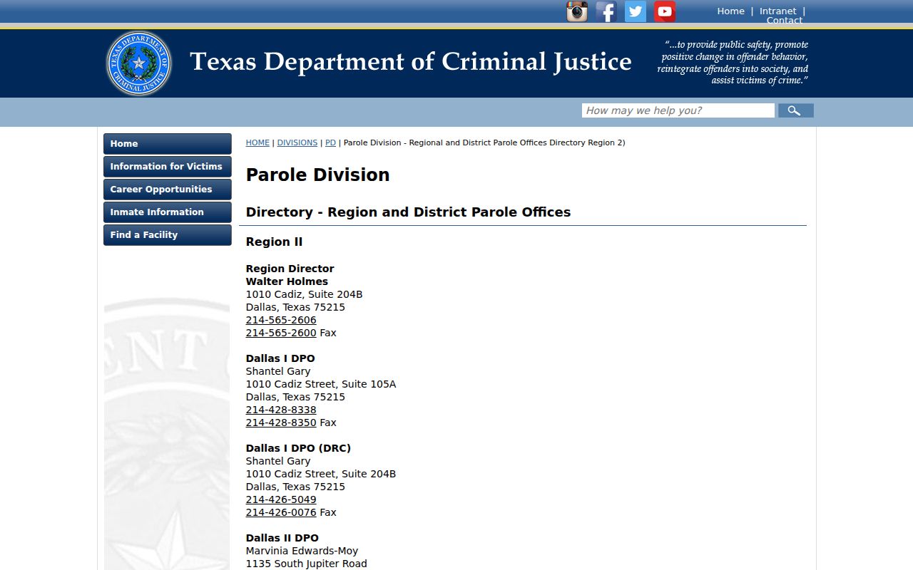 Denton criminal records source showing the state parole office directory