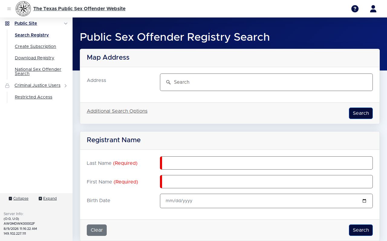 Denton County sex offender registry profile field layout