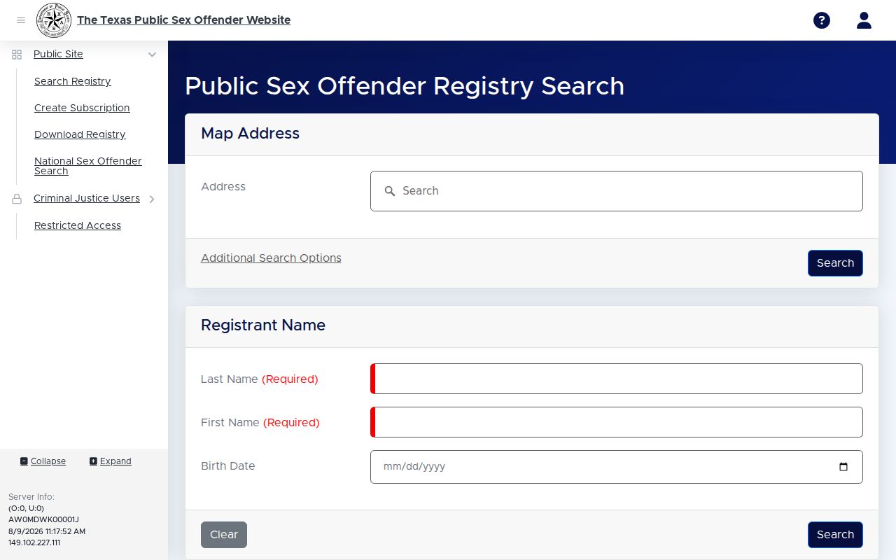 Denton County sex offender check on the Texas registry search form
